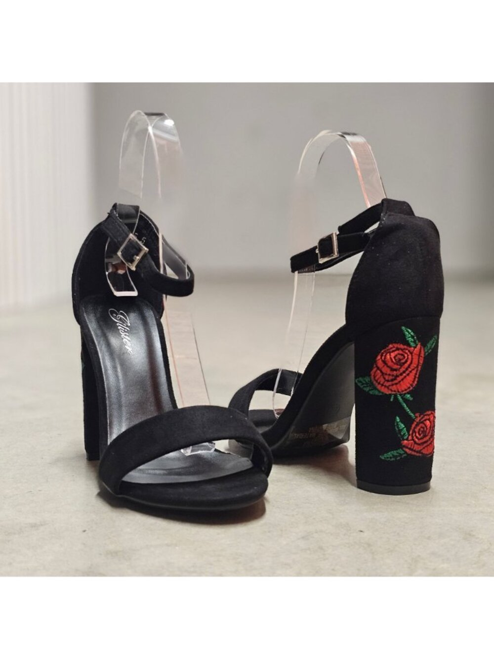 Black Faux Suede Block Heel Sandals With Rose Embroidery & Ankle Strap - Picture 10 of 13